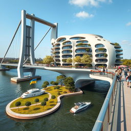 From an observation deck, we observe a magnificent bridge with towering bionic arches, supporting a building of bionic, dynamic, and smooth design