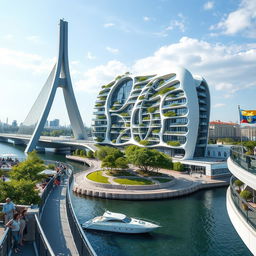 From an observation deck, we observe a magnificent bridge with towering bionic arches, supporting a building of bionic, dynamic, and smooth design