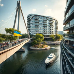 From an observation deck, we observe a magnificent bridge with towering bionic arches, supporting a building of bionic, dynamic, and smooth design