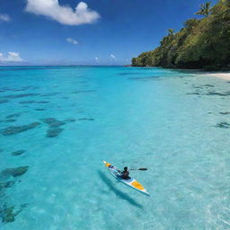 A crystal-clear kayak gliding across serene turquoise waters, revealing the fascinating marine life beneath. Lush tropical islands rest in the horizons under the radiant blue sky.