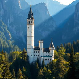 A tall and slender white stone castle surrounded by a dense forest and towering mountains