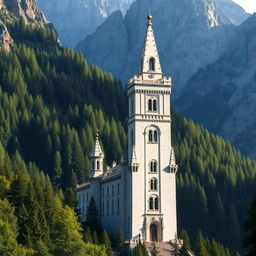 A tall and slender white stone castle surrounded by a dense forest and towering mountains