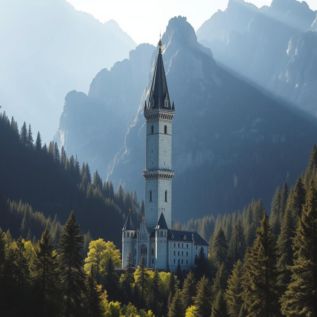 A tall and slender white stone castle surrounded by a dense forest and towering mountains