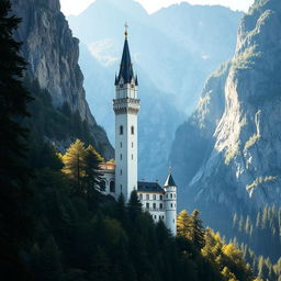 A tall and slender white stone castle surrounded by a dense forest and towering mountains