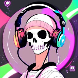 Anime-style profile picture featuring a vibrantly colored skull wearing sleek black headphones within a funky circular border.