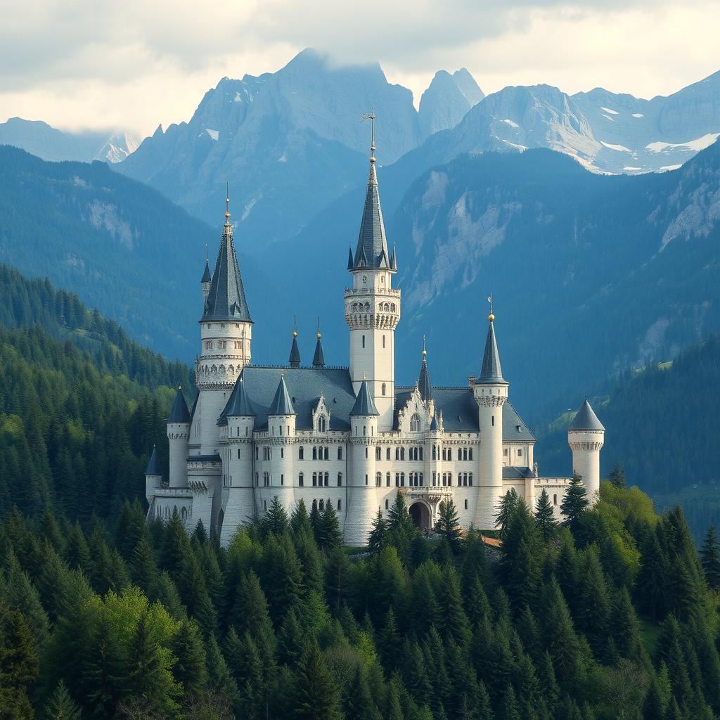 A majestic castle with multiple tall towers built from white stone, nestled within a lush forest and surrounded by towering mountains