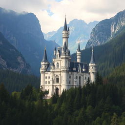 A majestic castle with multiple tall towers built from white stone, nestled within a lush forest and surrounded by towering mountains