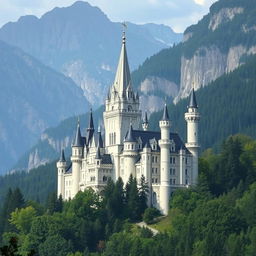 A majestic castle with multiple tall towers built from white stone, nestled within a lush forest and surrounded by towering mountains