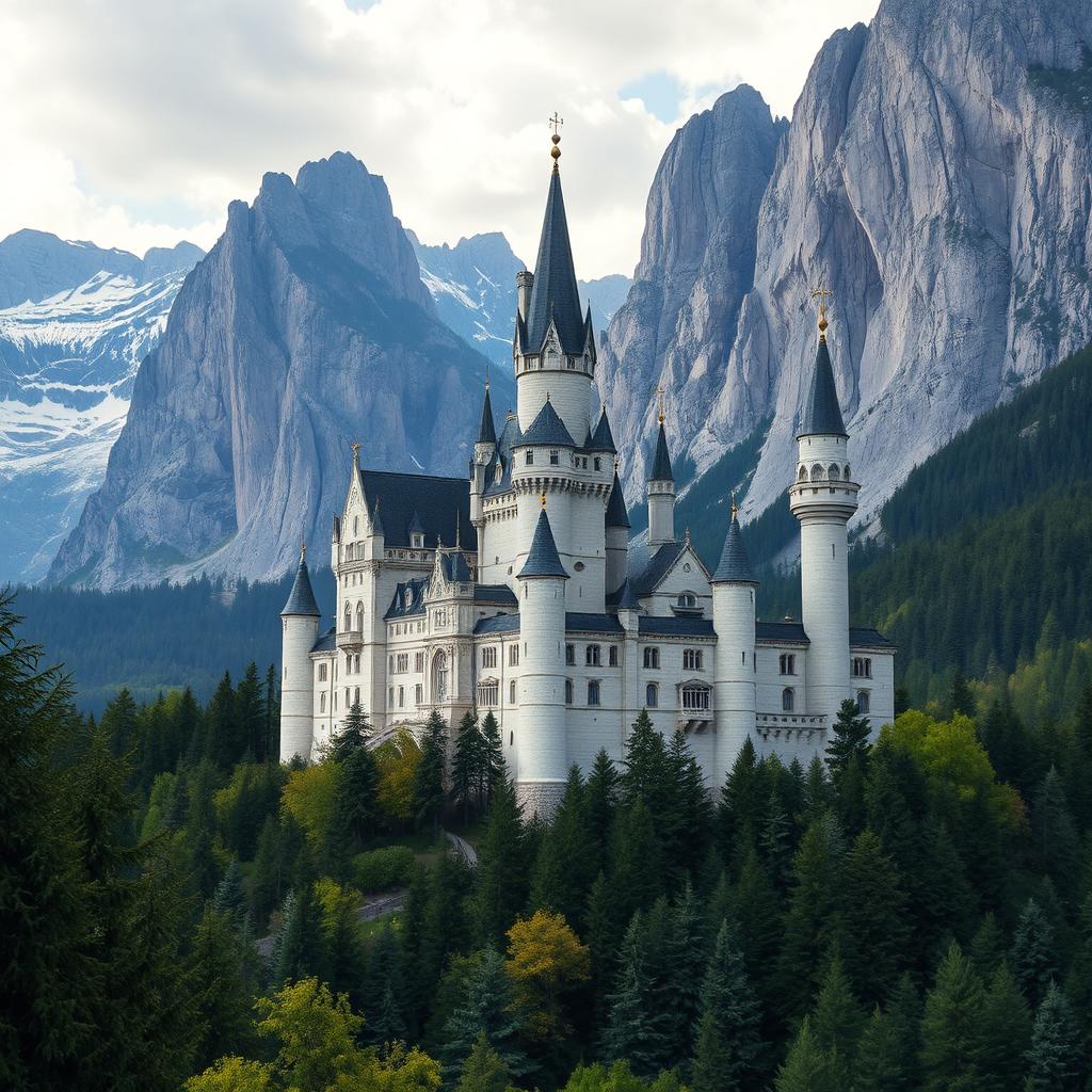 A majestic castle with multiple tall towers built from white stone, nestled within a lush forest and surrounded by towering mountains