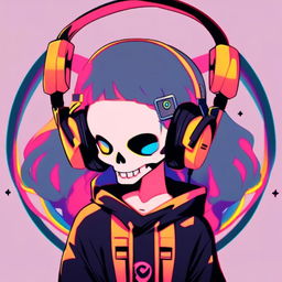 Anime-style profile picture featuring a vibrantly colored skull wearing sleek black headphones within a funky circular border.