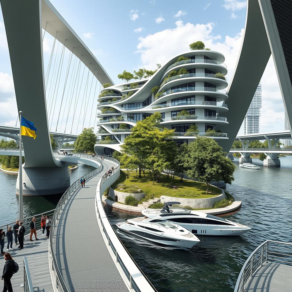 A futuristic architectural scene featuring a bridge with high bionic arches