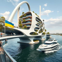 A futuristic architectural scene featuring a bridge with high bionic arches