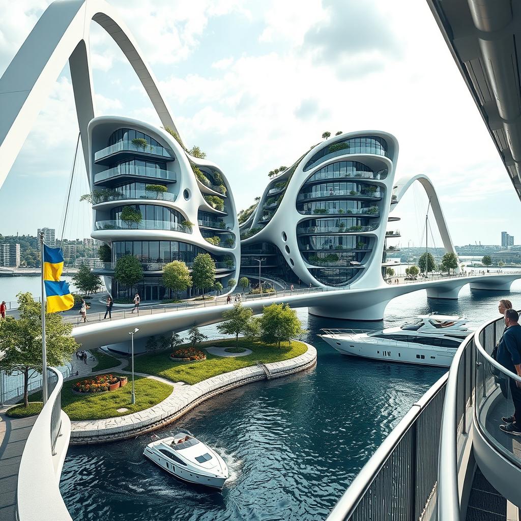 A futuristic architectural scene featuring a bridge with high bionic arches