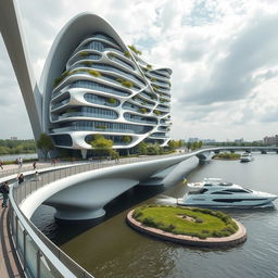 A futuristic architectural scene featuring a bridge with high bionic arches