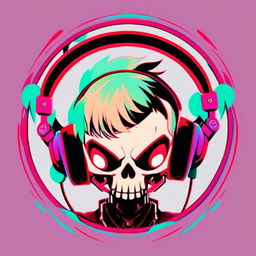 Anime-style profile picture featuring a vibrantly colored skull wearing sleek black headphones within a funky circular border.