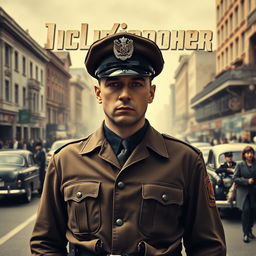 A dramatic movie poster featuring a stern-looking police officer in a vintage Soviet uniform standing in the forefront