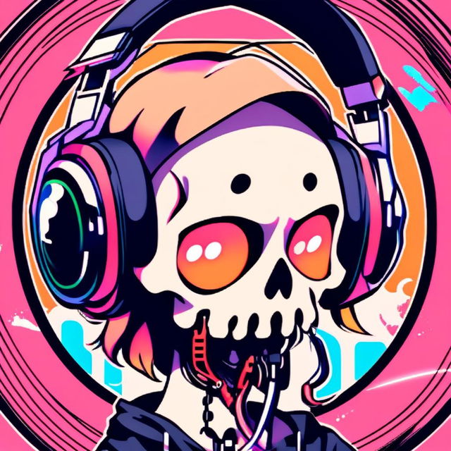 Anime-style profile picture featuring a vibrantly colored skull wearing sleek black headphones within a funky circular border.