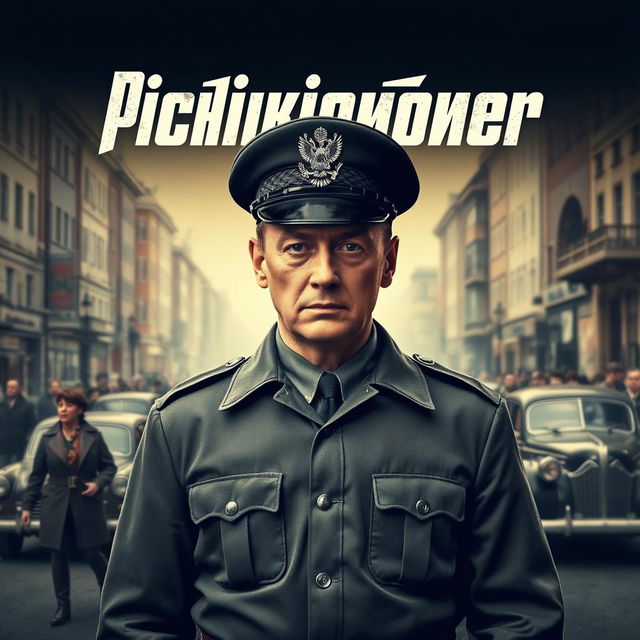 A dramatic movie poster featuring a stern-looking police officer in a vintage Soviet uniform standing in the forefront