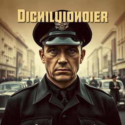 A dramatic movie poster featuring a stern-looking police officer in a vintage Soviet uniform standing in the forefront