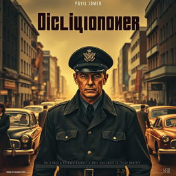 A dramatic movie poster featuring a stern-looking police officer in a vintage Soviet uniform standing in the forefront