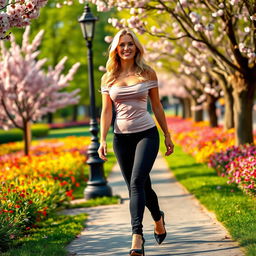 A sexy blonde woman walking confidently in a vibrant park, wearing a form-fitting light pink top and stylish black pants