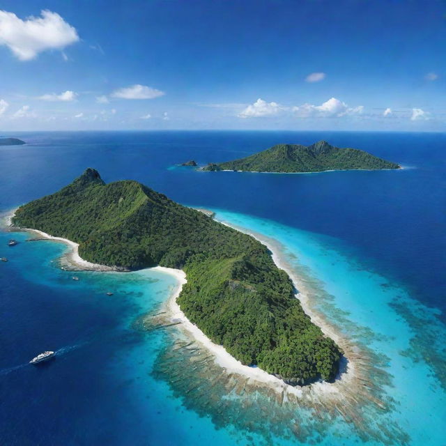 A picturesque sequence of tropical islands, each unique and lush with greenery, surrounded by clear turquoise waters under a cloudless azure sky, insinuating an exciting island hopping adventure.