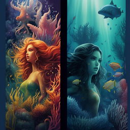 Adapt the vibrant book cover to incorporate an undersea portion at the bottom half, depicting majestic mermaids swimming amidst vibrant corals and curious sea creatures under the tumultuous waves of the battle above.