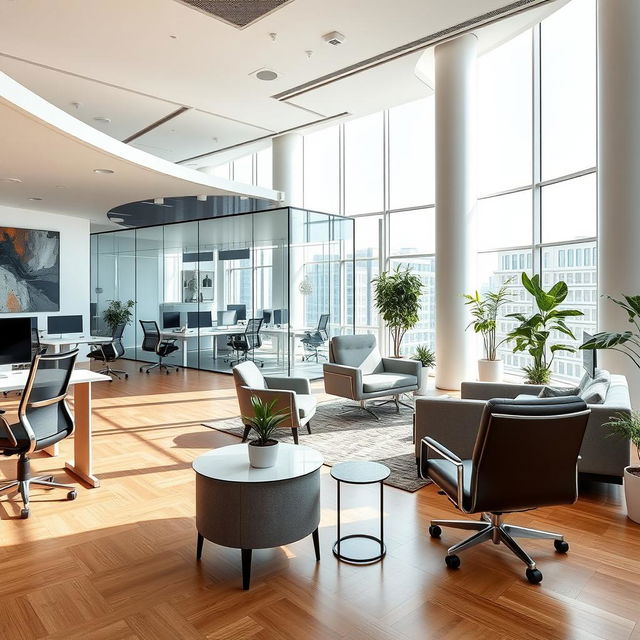 A modern, sleek office interior with minimalist design, featuring open workspaces with ergonomic chairs and desks, a stylish glass conference room in the background, and large windows allowing natural light to flood in