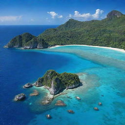 A picturesque sequence of tropical islands, each unique and lush with greenery, surrounded by clear turquoise waters under a cloudless azure sky, insinuating an exciting island hopping adventure.