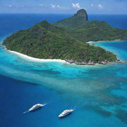 A picturesque sequence of tropical islands, each unique and lush with greenery, surrounded by clear turquoise waters under a cloudless azure sky, insinuating an exciting island hopping adventure.