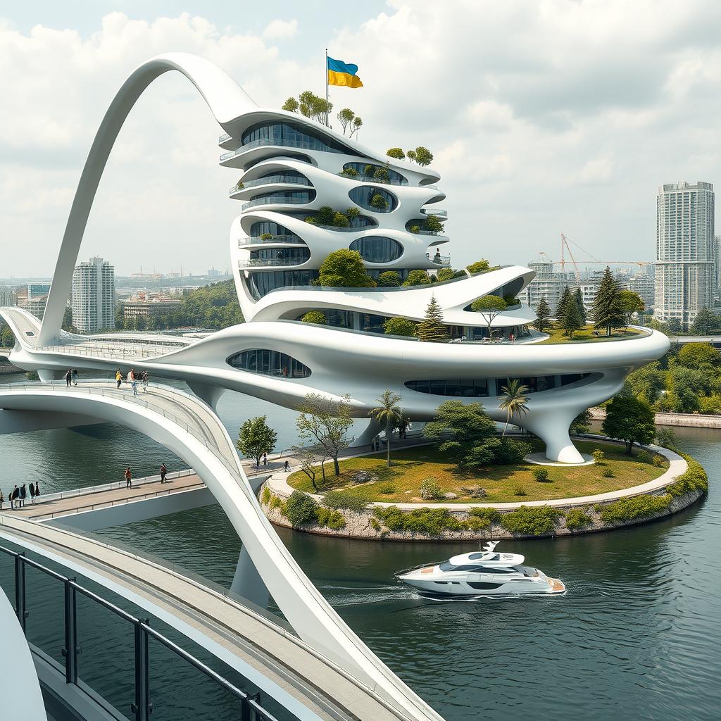 A futuristic urban landscape showcasing a bridge with high bionic arches