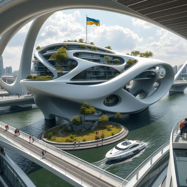 A futuristic urban landscape showcasing a bridge with high bionic arches