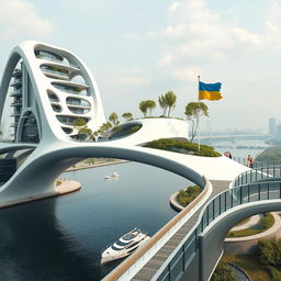 A futuristic urban landscape showcasing a bridge with high bionic arches