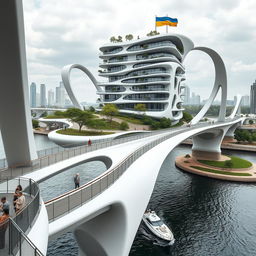 A futuristic urban landscape showcasing a bridge with high bionic arches