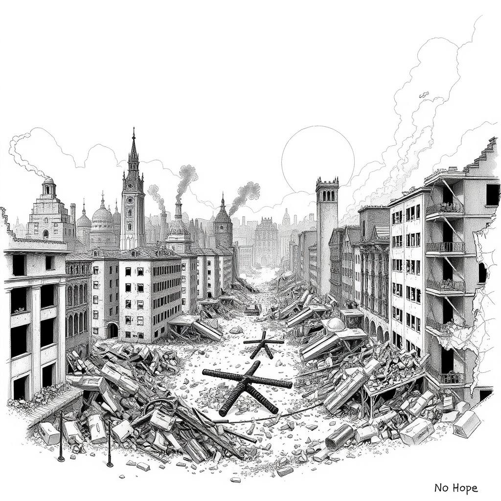 Historical scene titled 'No Hope', depicting a detailed black and white illustration of a city devastated by the events of an imagined third world war