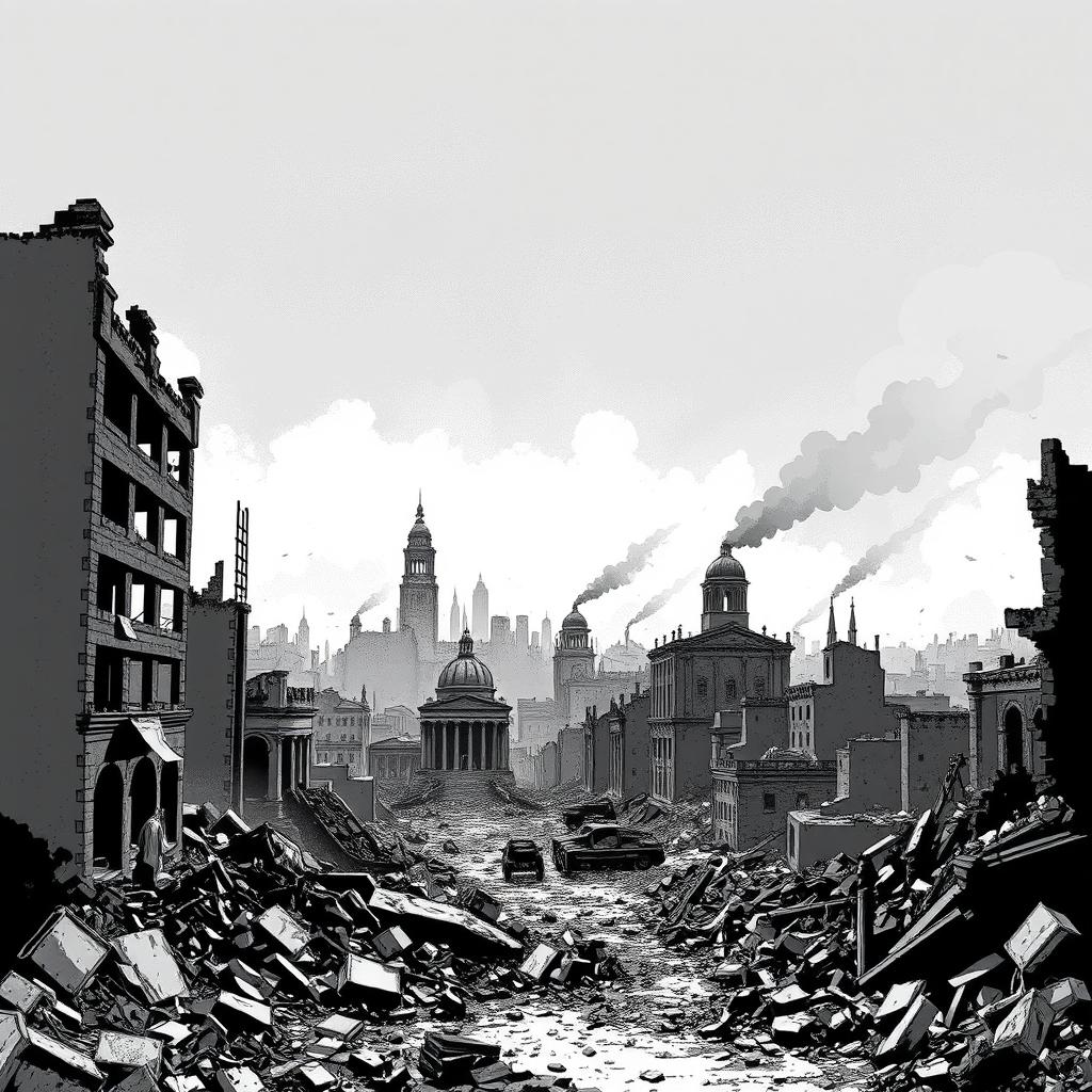 Historical scene titled 'No Hope', depicting a detailed black and white illustration of a city devastated by the events of an imagined third world war