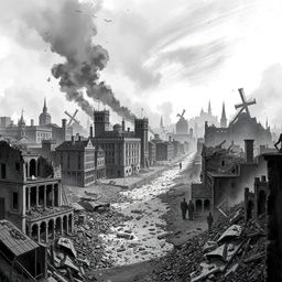 Historical scene titled 'No Hope', depicting a detailed black and white illustration of a city devastated by the events of an imagined third world war