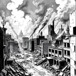 Historical scene titled 'No Hope', depicting a detailed black and white illustration of a city devastated by the events of an imagined third world war