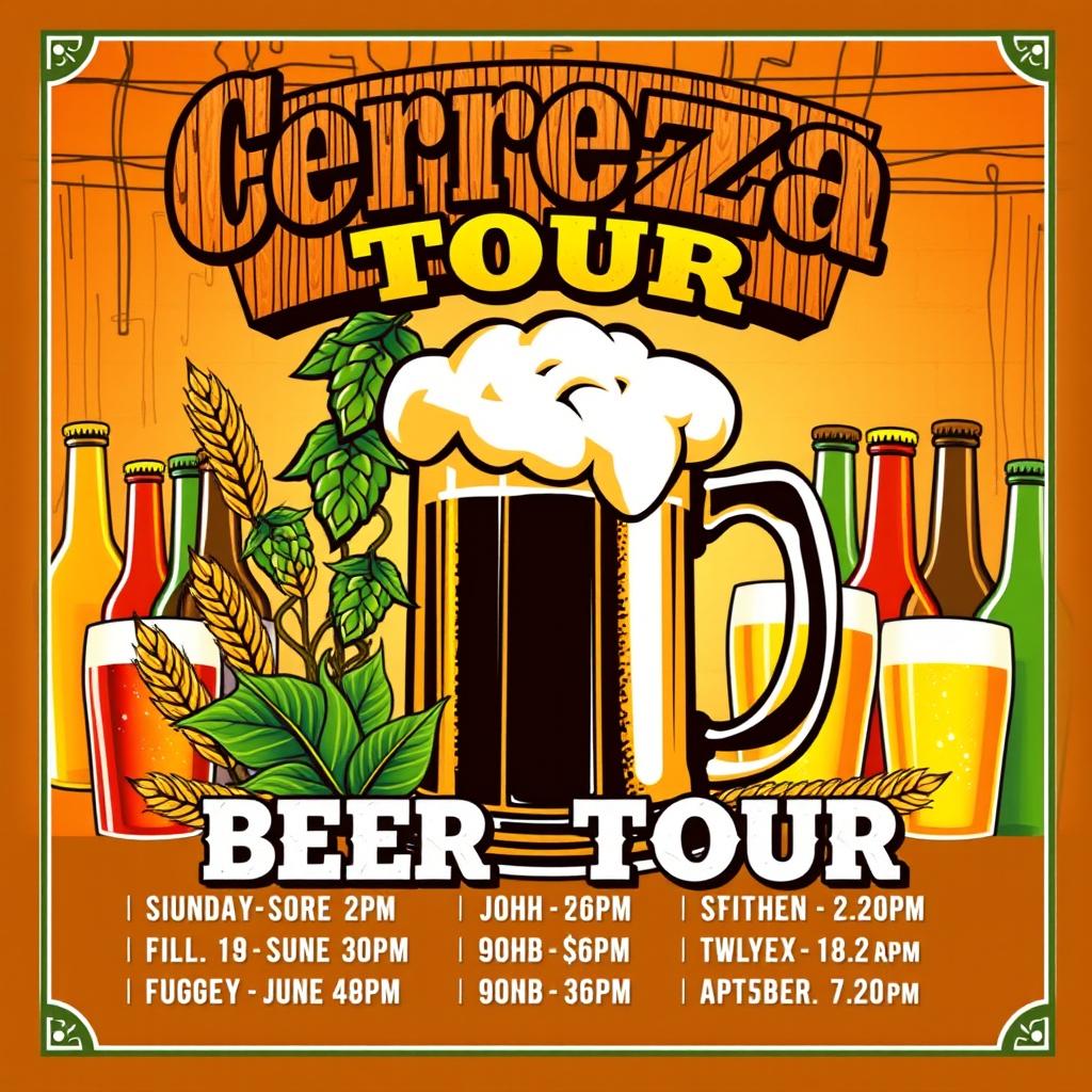 A vibrant and eye-catching beer tour poster featuring a large, foaming beer mug at the center