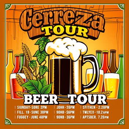 A vibrant and eye-catching beer tour poster featuring a large, foaming beer mug at the center