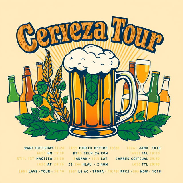 A vibrant and eye-catching beer tour poster featuring a large, foaming beer mug at the center