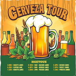 A vibrant and eye-catching beer tour poster featuring a large, foaming beer mug at the center