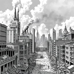 Historical scene titled 'No Hope: 2016', depicting a detailed black and white illustration of a city devastated by the imagined Third World War in the year 2016