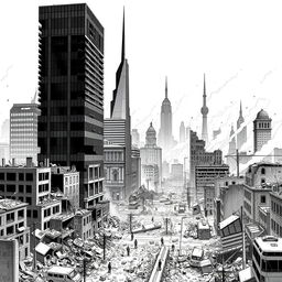 Historical scene titled 'No Hope: 2016', depicting a detailed black and white illustration of a city devastated by the imagined Third World War in the year 2016