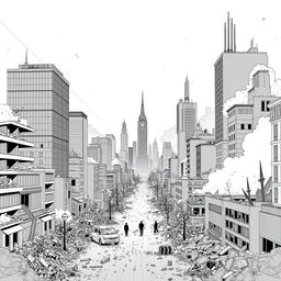 Historical scene titled 'No Hope: 2016', depicting a detailed black and white illustration of a city devastated by the imagined Third World War in the year 2016