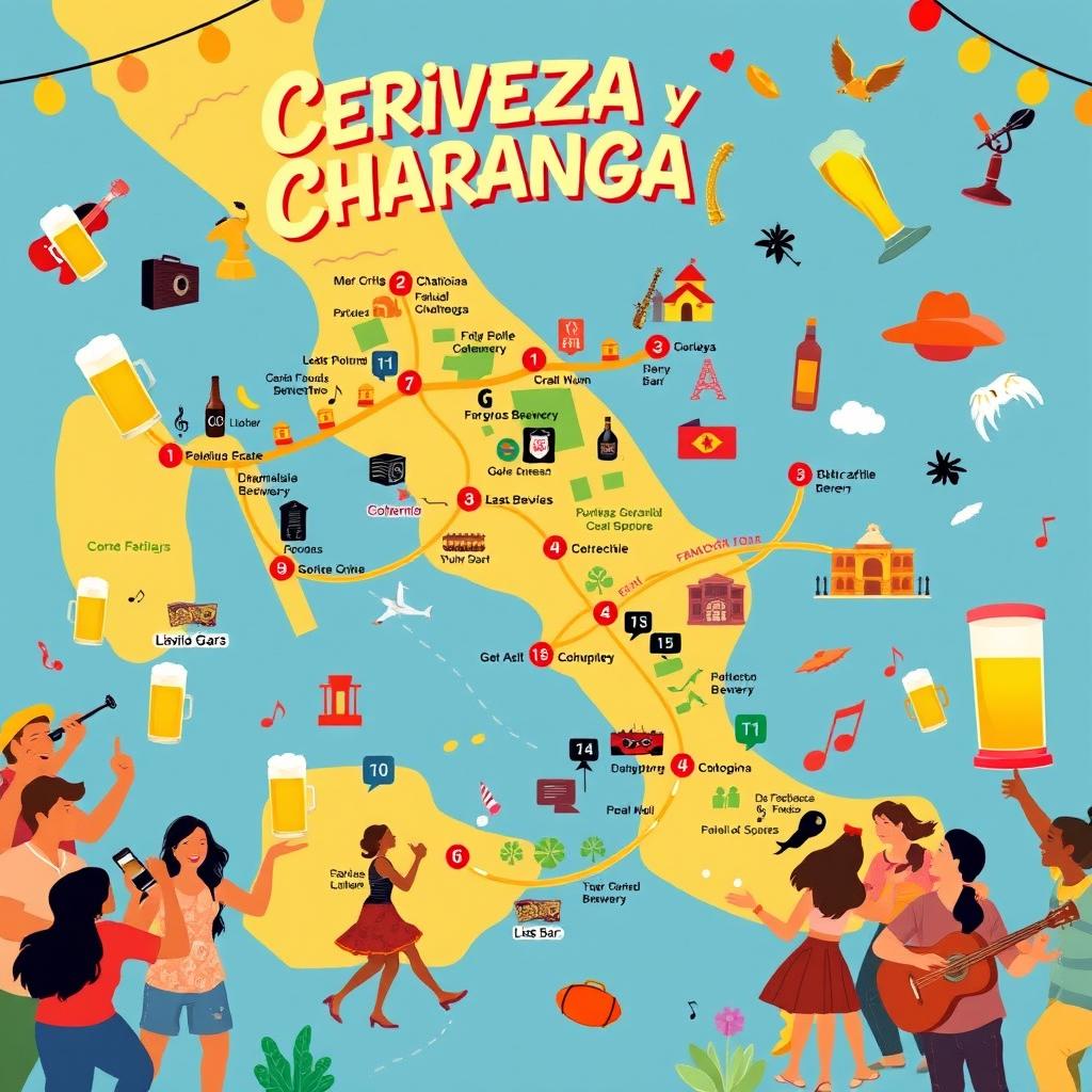 A festive and lively scene depicting a "Cerveza y Charanga" tour map