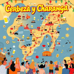 A festive and lively scene depicting a "Cerveza y Charanga" tour map