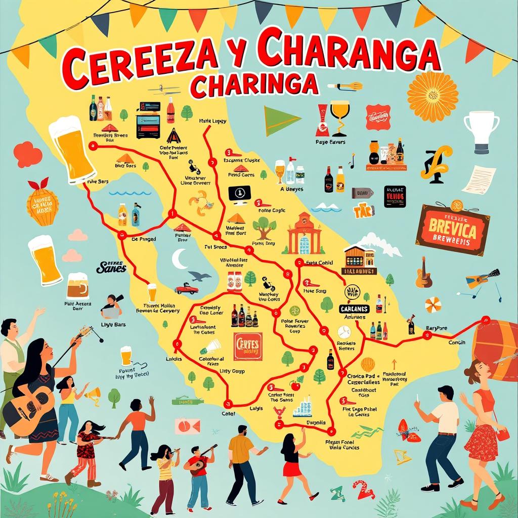 A festive and lively scene depicting a "Cerveza y Charanga" tour map