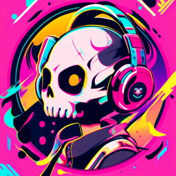 Anime-style profile picture featuring a friendly, dope-looking skull wearing sleek black headphones, surrounded by intense glitch effects within a vibrant, funky circular border.