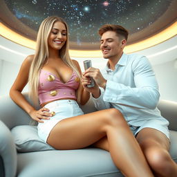 A tall, sexy 39-year-old Brazilian woman with long, straight blonde hair, flaunting a voluptuous figure featuring a 42DD bust, ample hips, and a beautiful body, is being examined by an 18-year-old fair-skinned young man